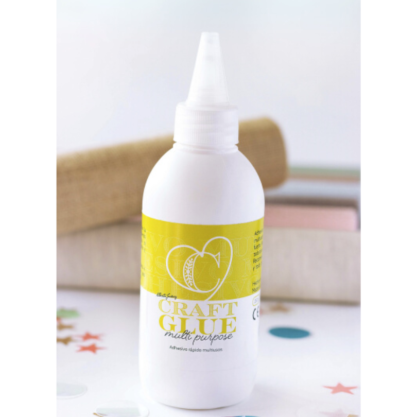 Frasco branco de cola craft glue multiuso com rótulo amarelo e branco