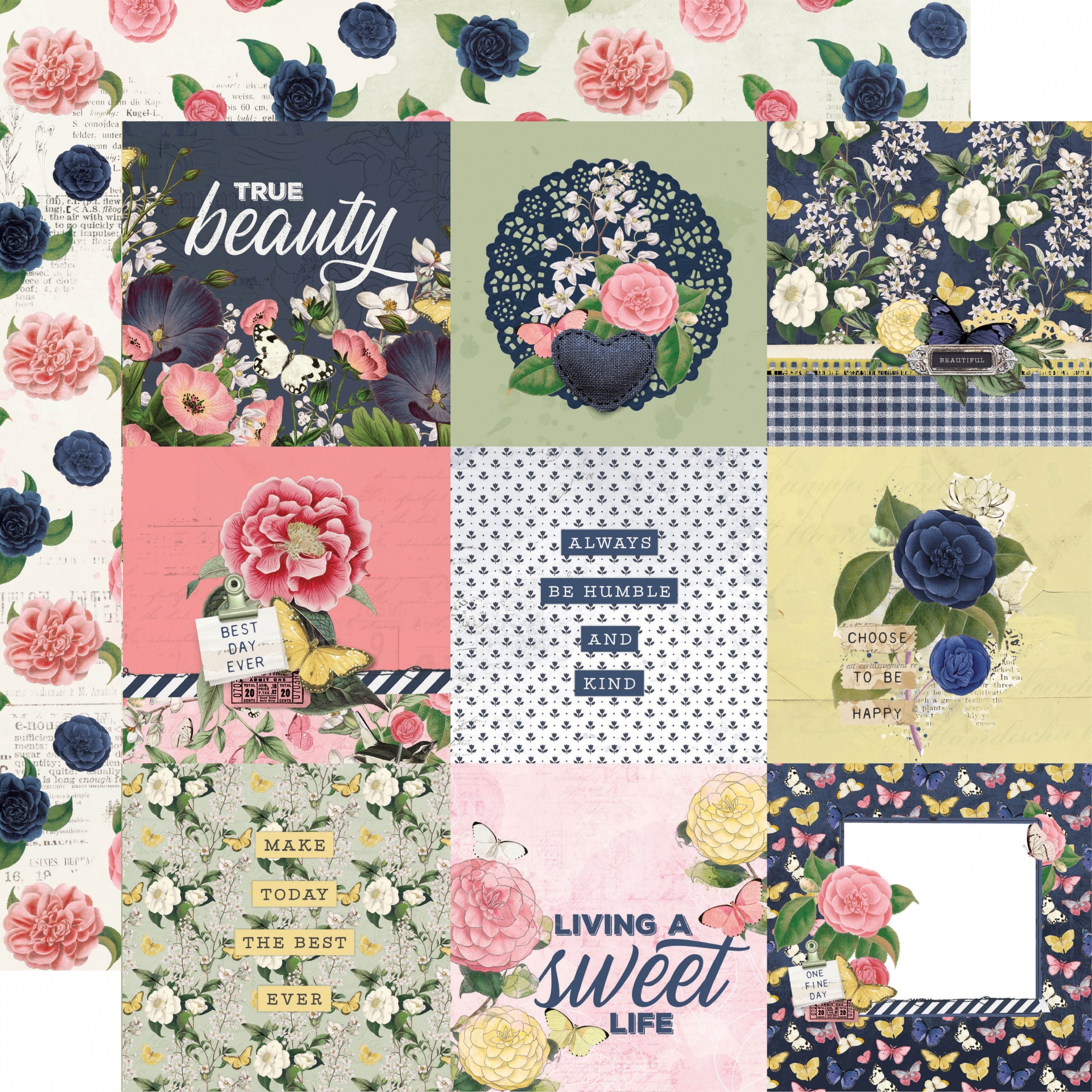 Papel de scrapbook com padrões florais e textos motivacionais em inglês