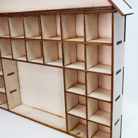 Organizador de madeira clara com várias divisórias quadradas e retangulares