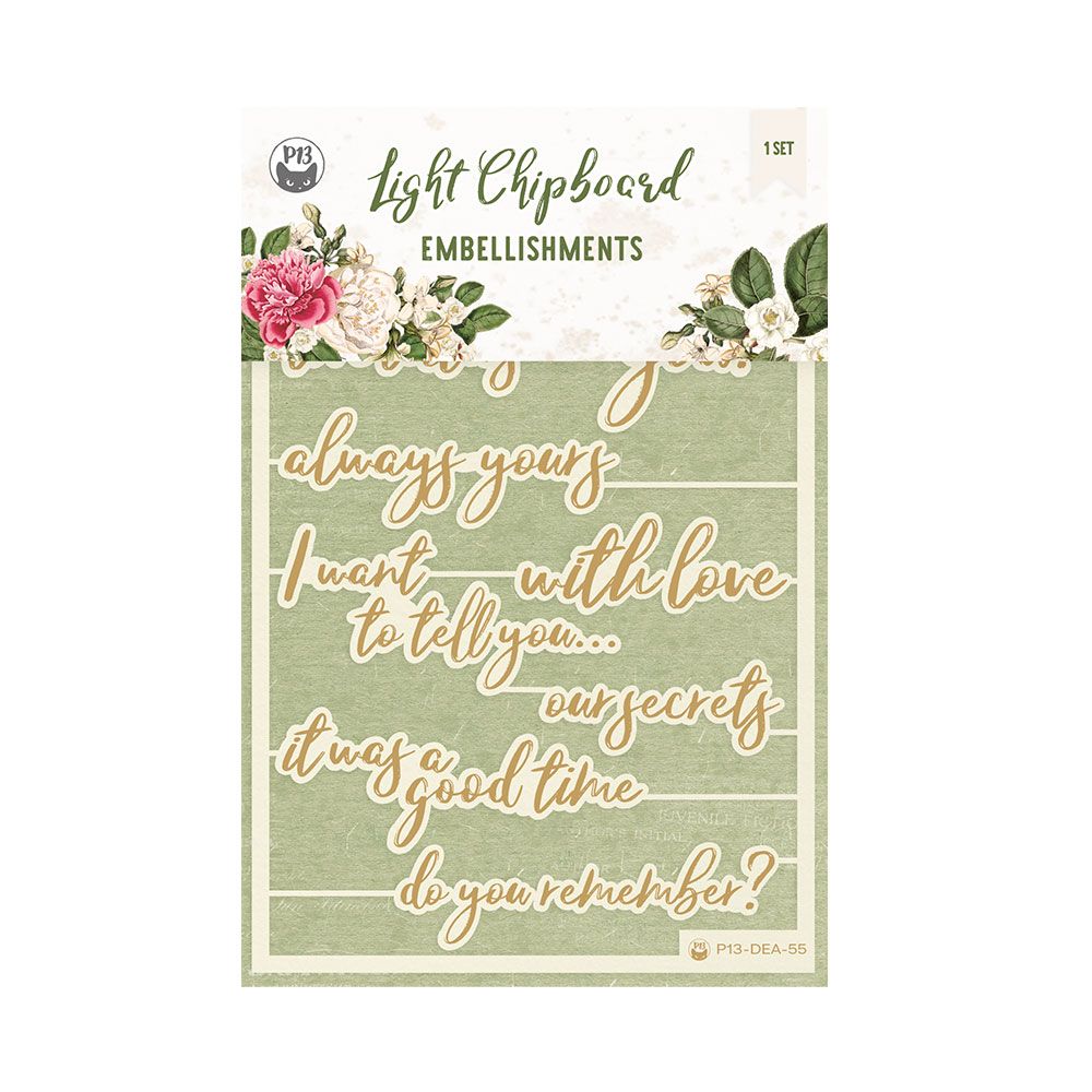 Embellishments em chipboard leve com frases em inglês e decoração floral sobre fundo verde com embalagem