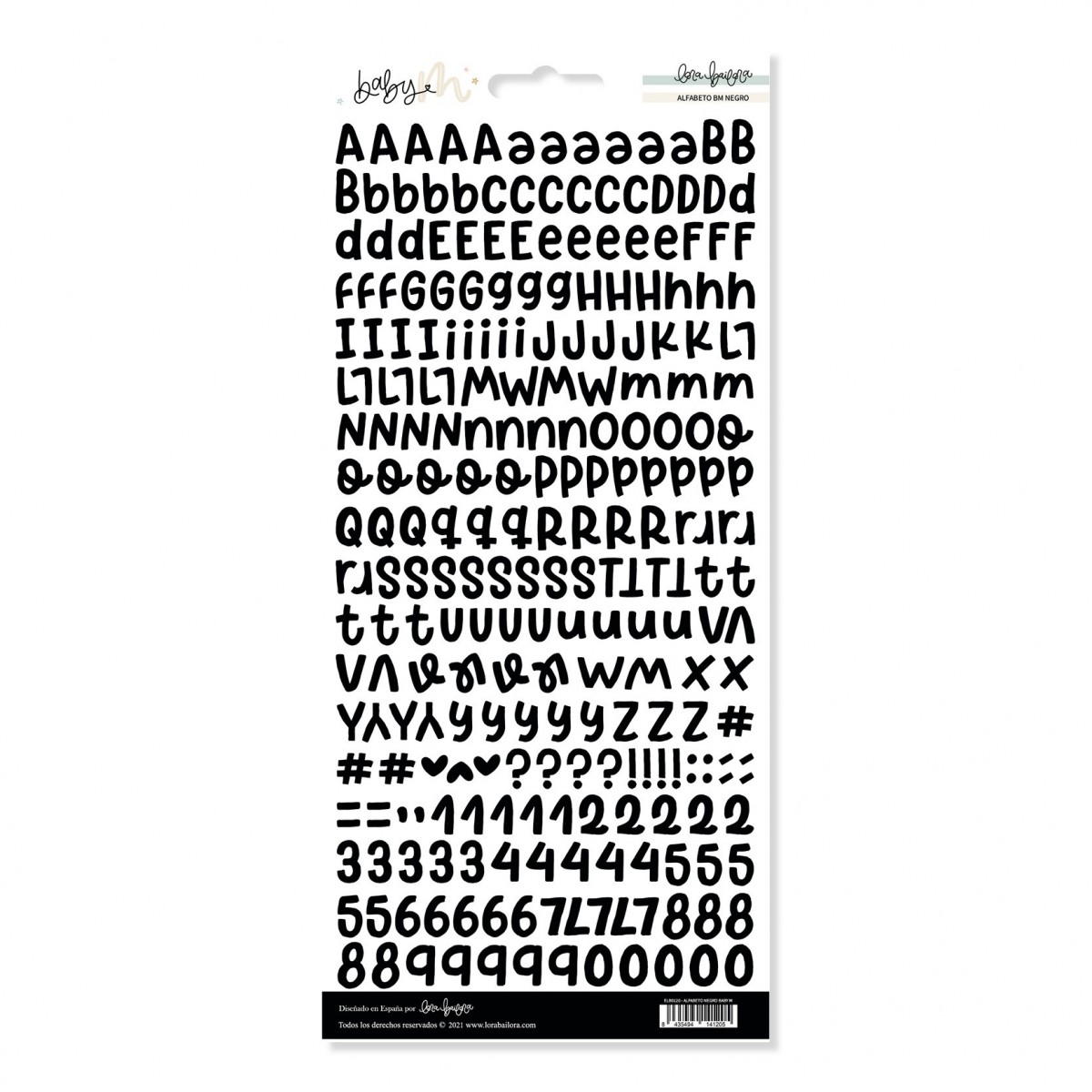 Folha de autocolantes com letras e números pretos em fundo branco