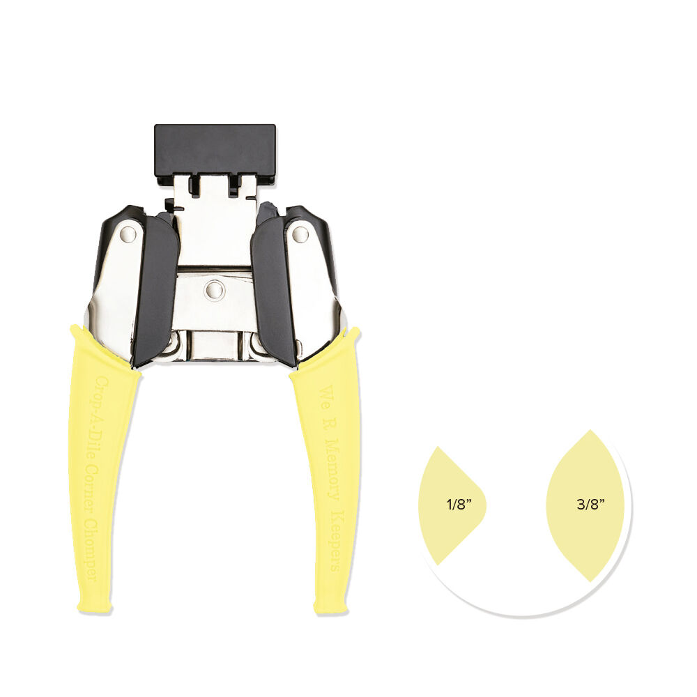 Ferramenta manual para cravar ilhós com punhos amarelos e ilhós de tamanhos 1/8 e 3/8