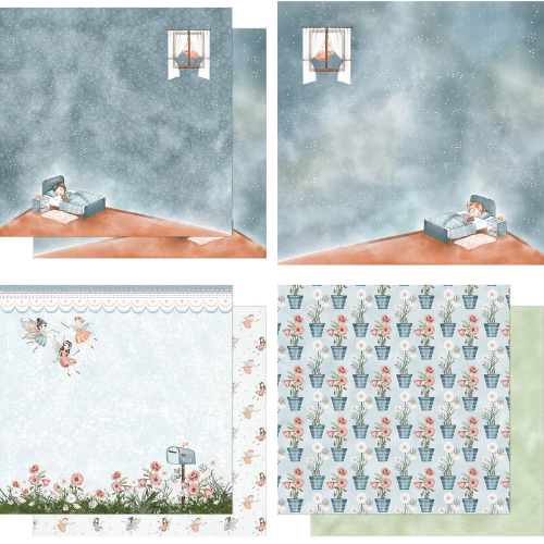 Cenários decorativos infantis com padrões de nuvens, menino a dormir e designs florais