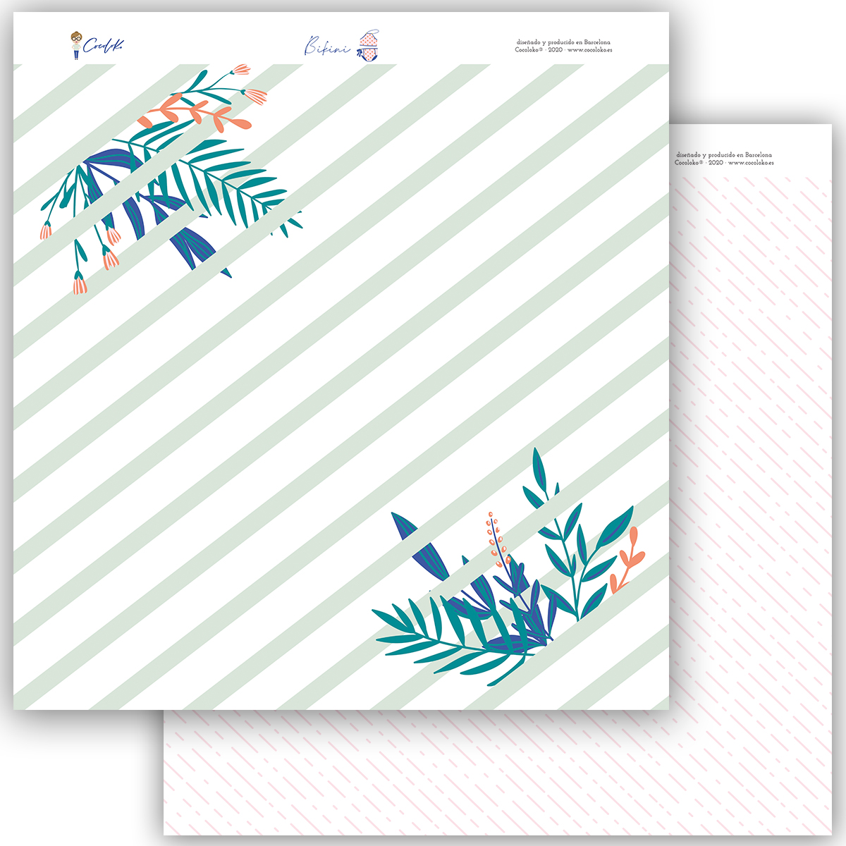 Folhas de papel decorativo com padrão listrado e detalhes de folhagem colorida.