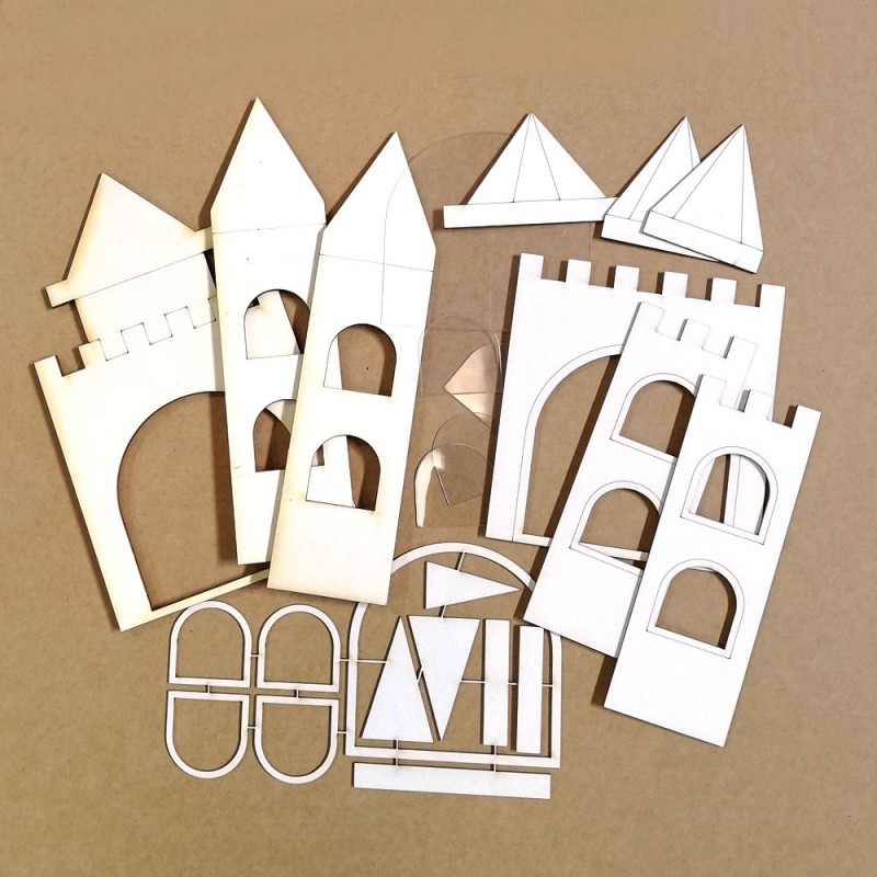 Peças de madeira claras para montar um castelo, em fundo castanho