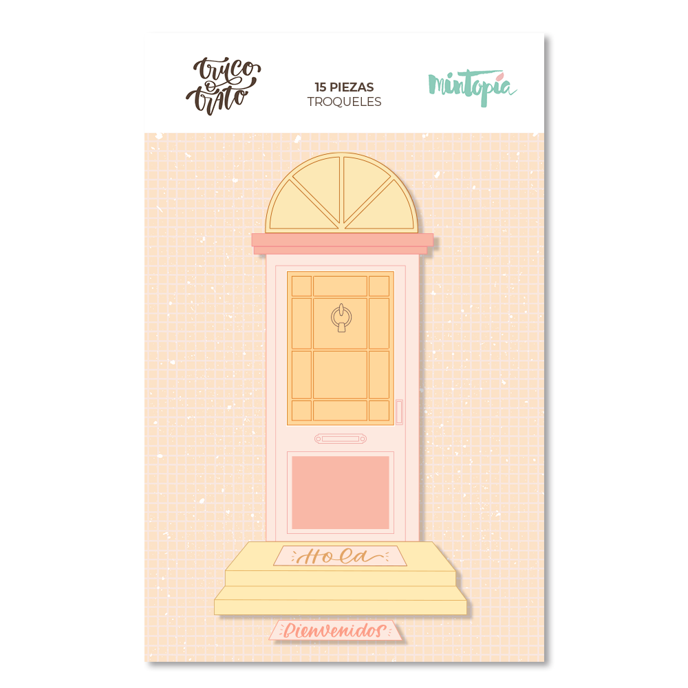 Embalagem de troquel para papel com desenho de porta cor-de-rosa com vidro amarelo e degraus com textos em espanhol.