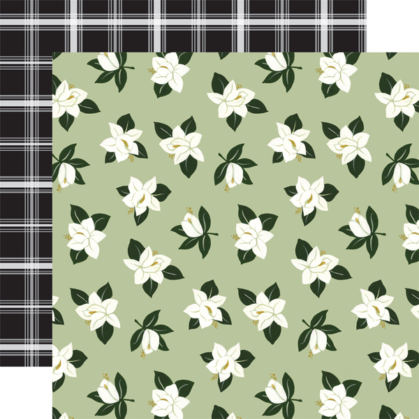 Tecido com padrão floral branco e verde e padrão xadrez preto e branco