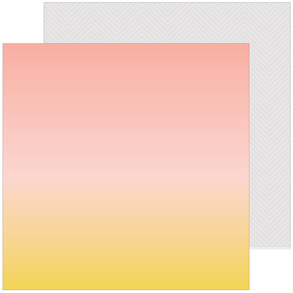 Papel decorativo com padrão geométrico cinza claro de um lado e degradê rosa a amarelo do outro