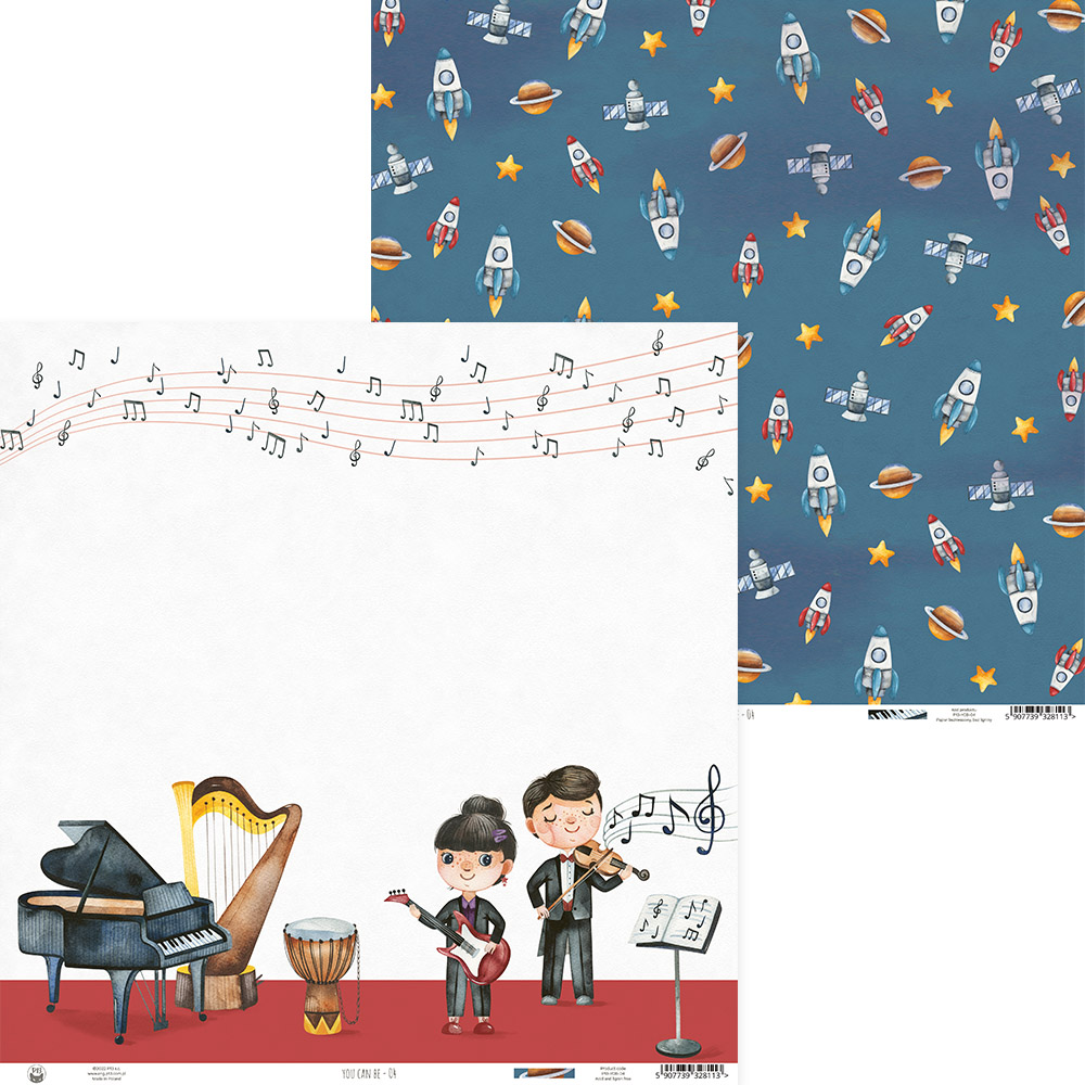 Papel decorativo musical com instrumentos e personagens e papel com padrão de foguetões e planetas