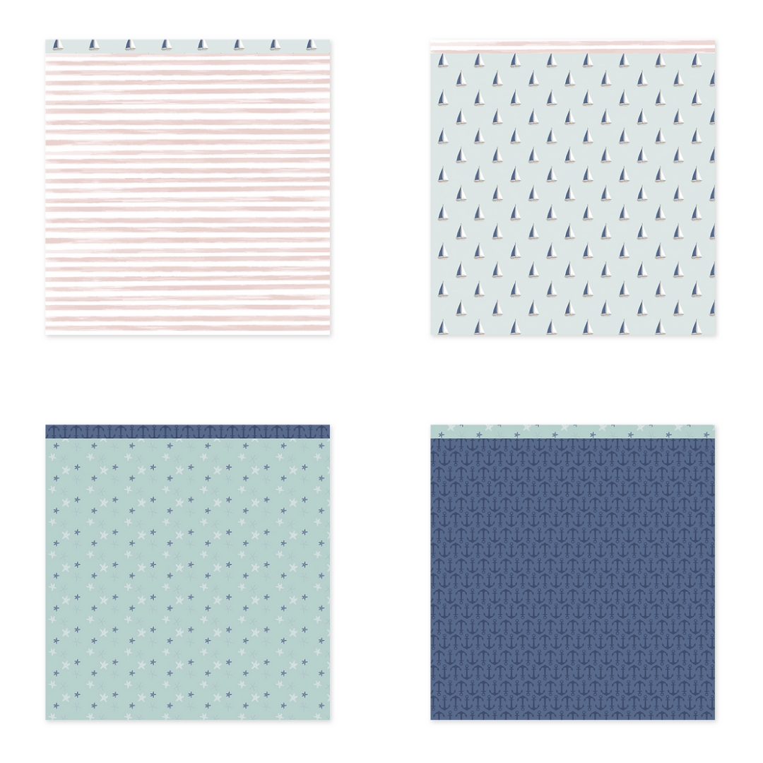 Papéis decorativos com padrões de listras, veleiros, pontos, cruzes e letras T em diferentes tons de azul e rosa.