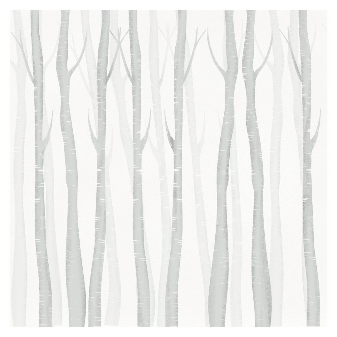 Painel decorativo de árvores cinza e branco com textura de casca