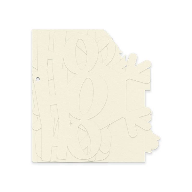 Folha de cartão branco com padrão de texto recortado e buraco perfurado