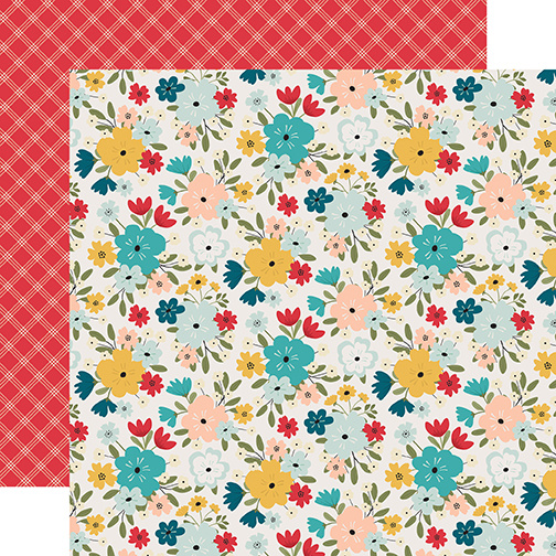 Papel de embrulho com padrão floral colorido e padrão xadrez vermelho