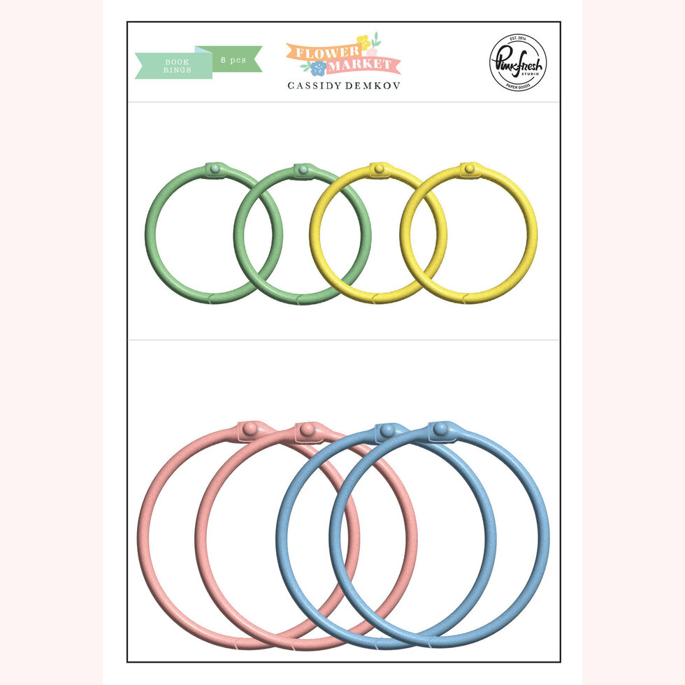 Conjunto de oito argolas metálicas coloridas com etiquetas e texto Floral Market Cassidy Demkov