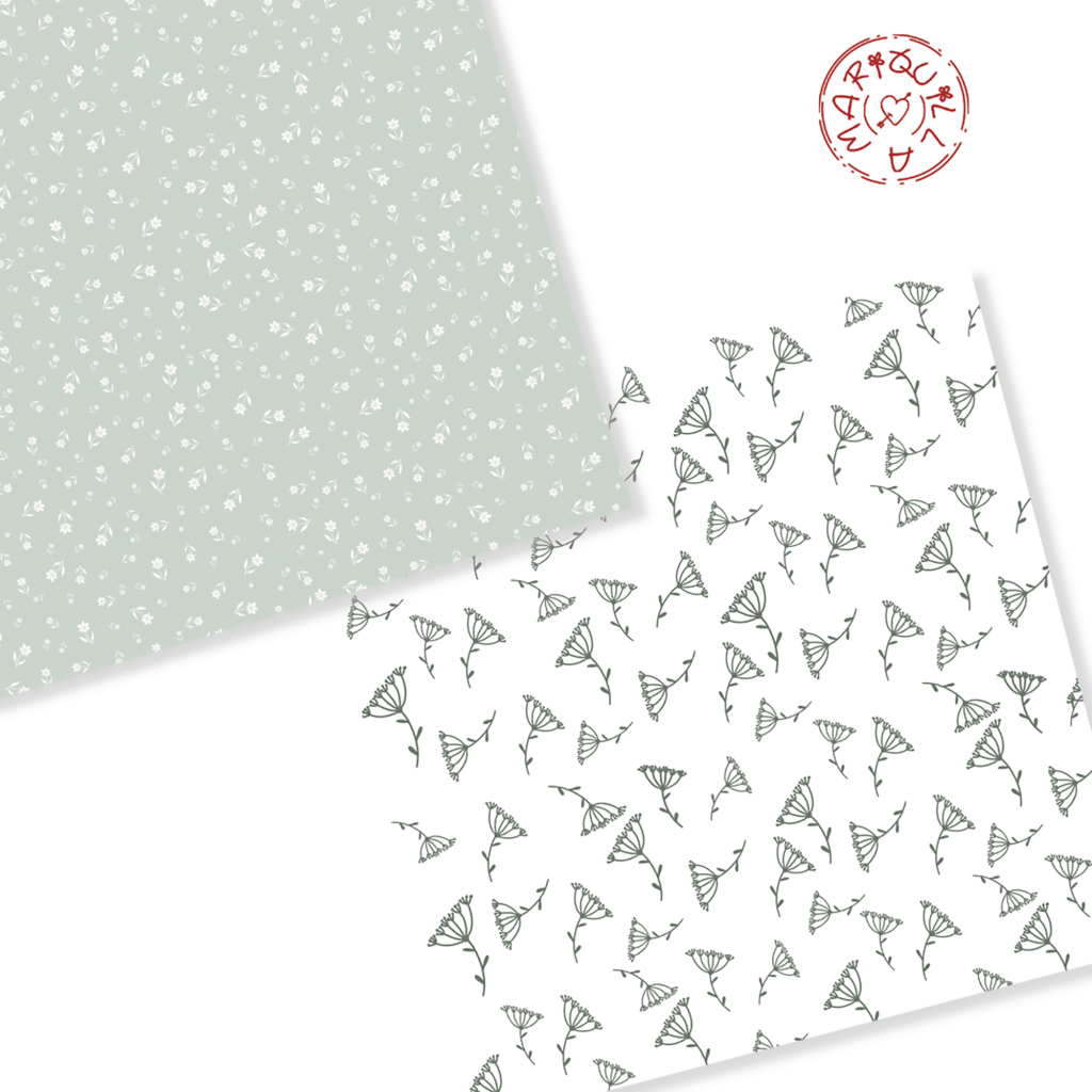 Dois papéis decorativos com padrões florais, selo redondo vermelho MAR&CHILDA