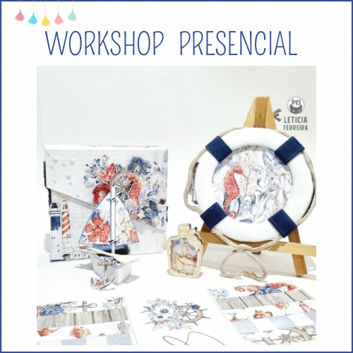 Produtos decorativos náuticos em workshop presencial com conchas e cavalos-marinhos em azul, vermelho e branco