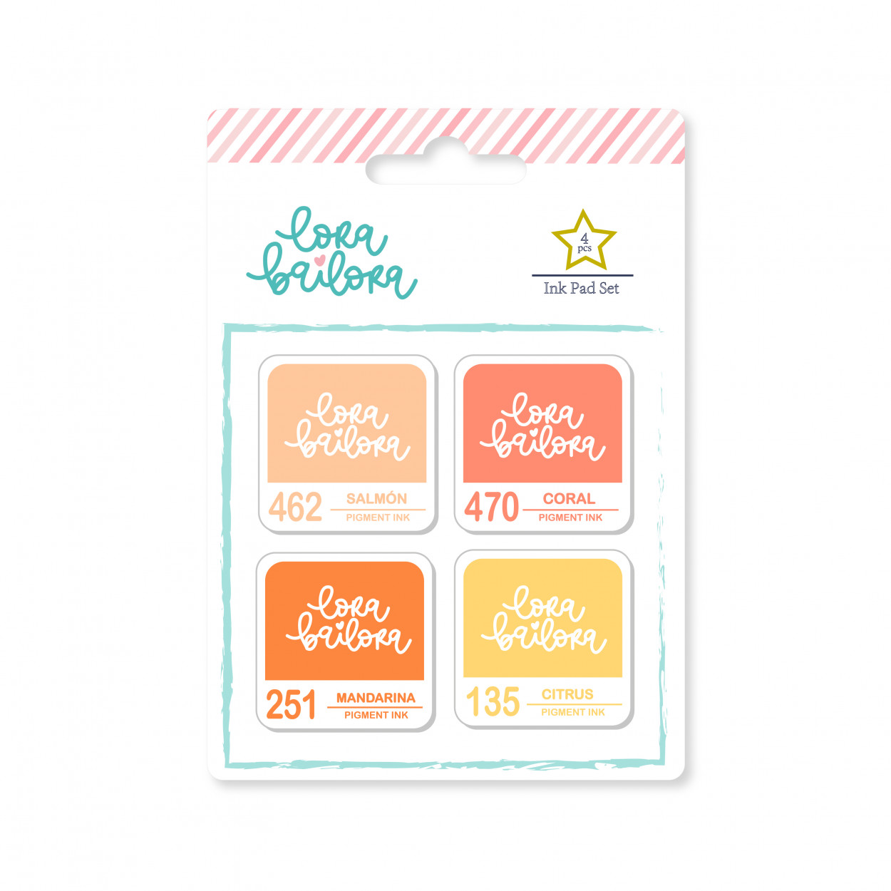 Conjunto de 4 almofadas de tinta Lora Bailora em embalagem cartão branca com cores salmon, coral, mandarino e citrino.