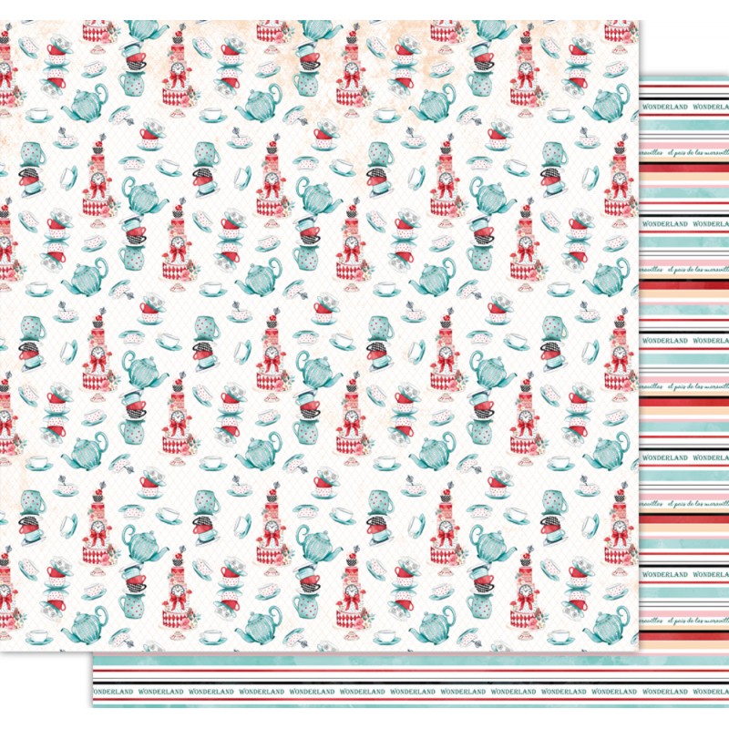 Papel decorativo com padrão de chá azul e vermelho e listras com texto em inglês