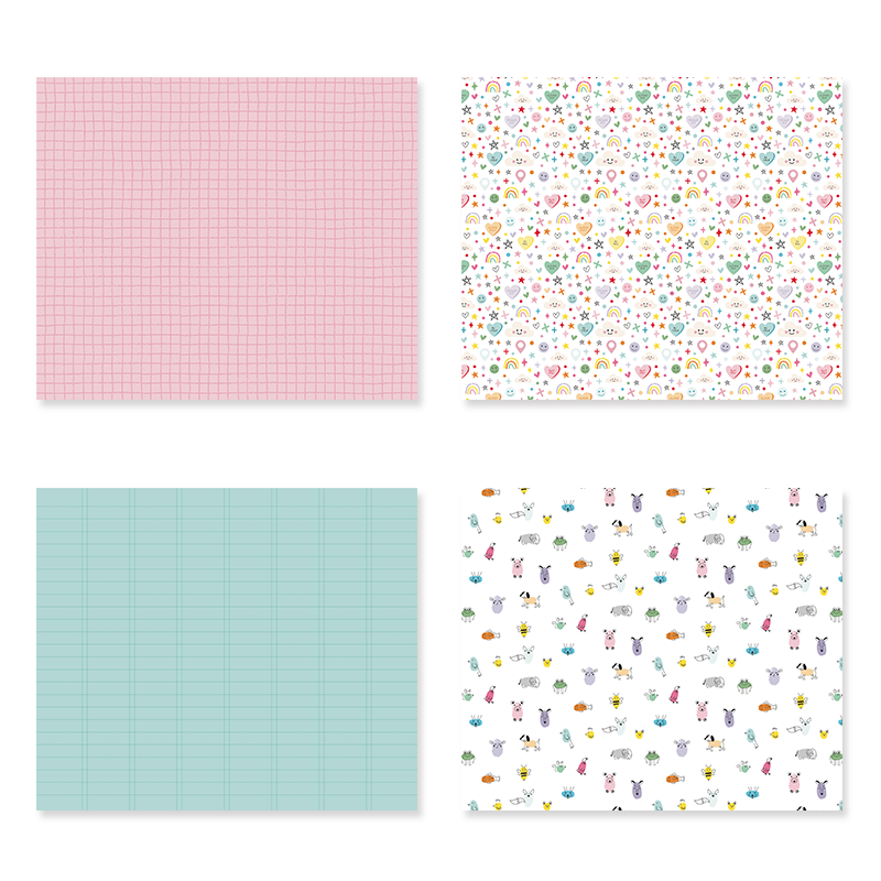 Quatro folhas de papel quadrado com padrões quadriculados e desenhos coloridos