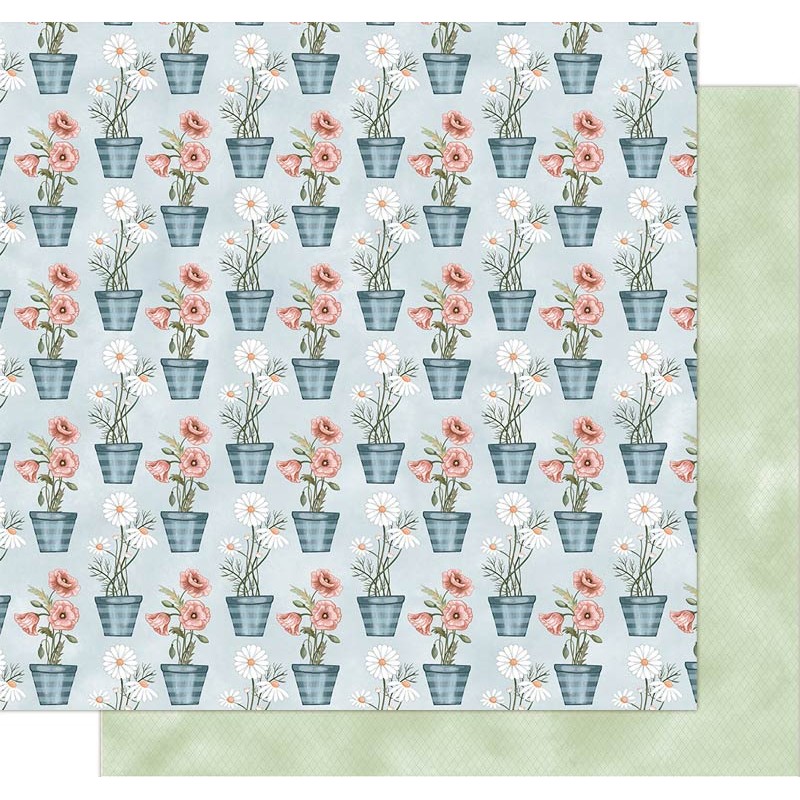 Papel decorativo de scrapbooking com vasos florais e verso verde claro