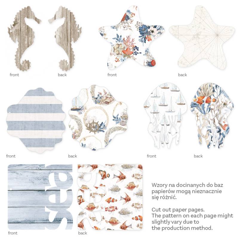 Páginas recortadas para scrapbook com temas marinhos e padrões variados