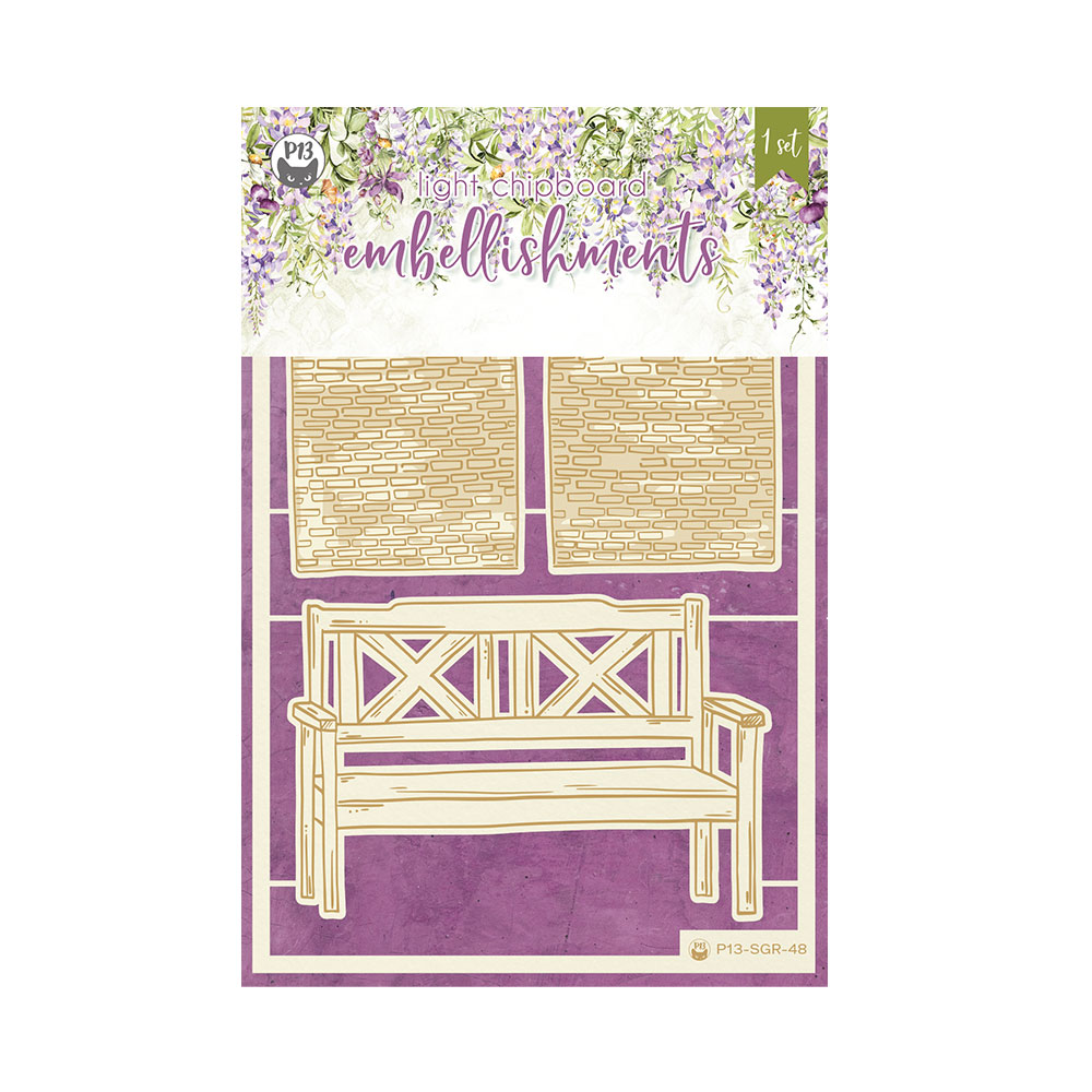 Embellishments de chipboard claro com banco de jardim e padrões de tijolos