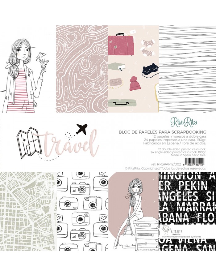 Bloco de papéis para scrapbooking com desenhos de viagem e texto explicativo.