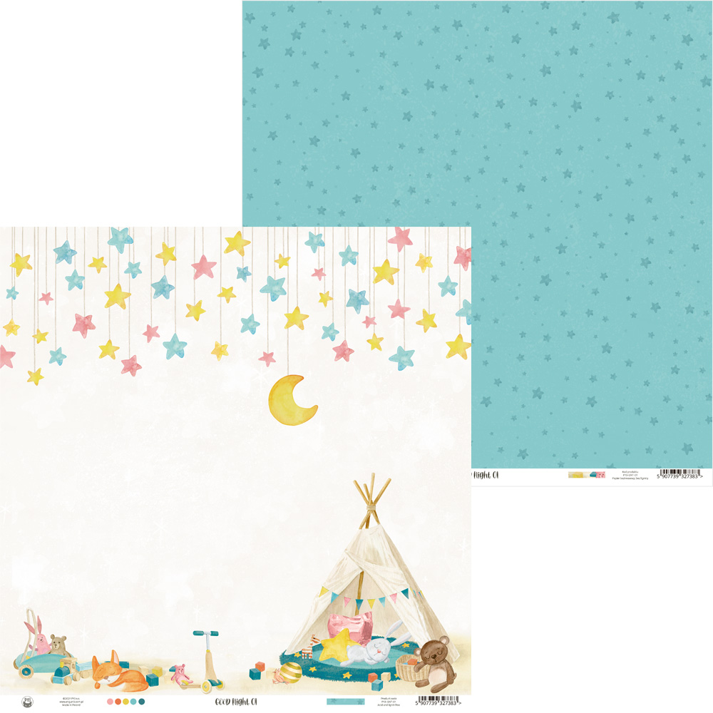 Papel decorativo com tema infantil, estrelas coloridas, tenda e brinquedos