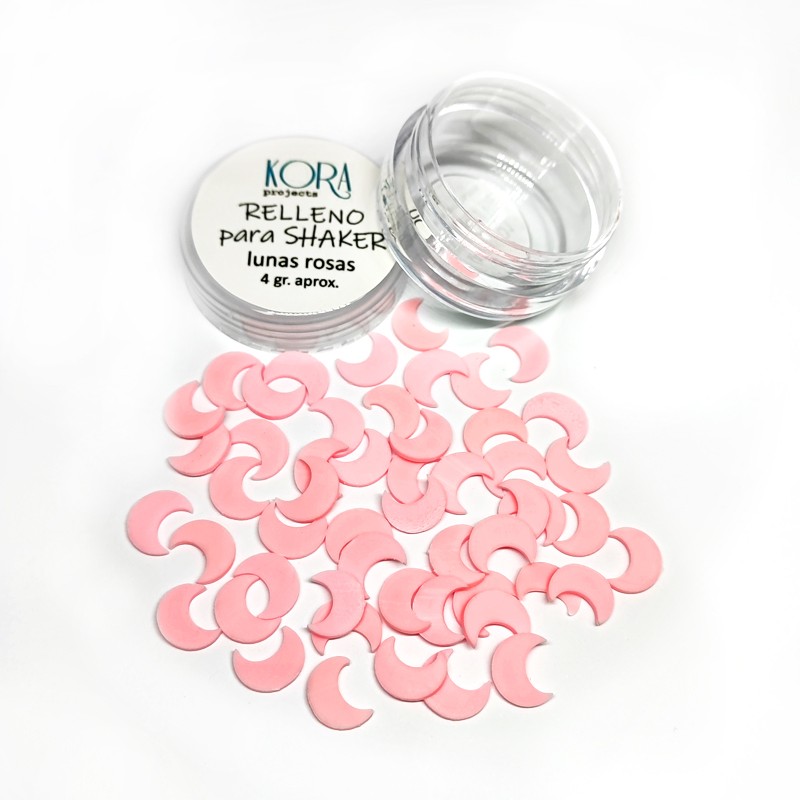 Frasco plástico com tampa branca e enfeites em forma de meia-lua rosa