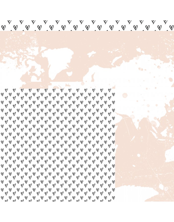 Papel de parede com mapa mundi bege e padrão de corações pretos