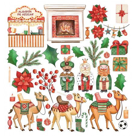 Ilustração de Natal com camelos, reis magos, decoração de Natal e barraquinha de algodão doce