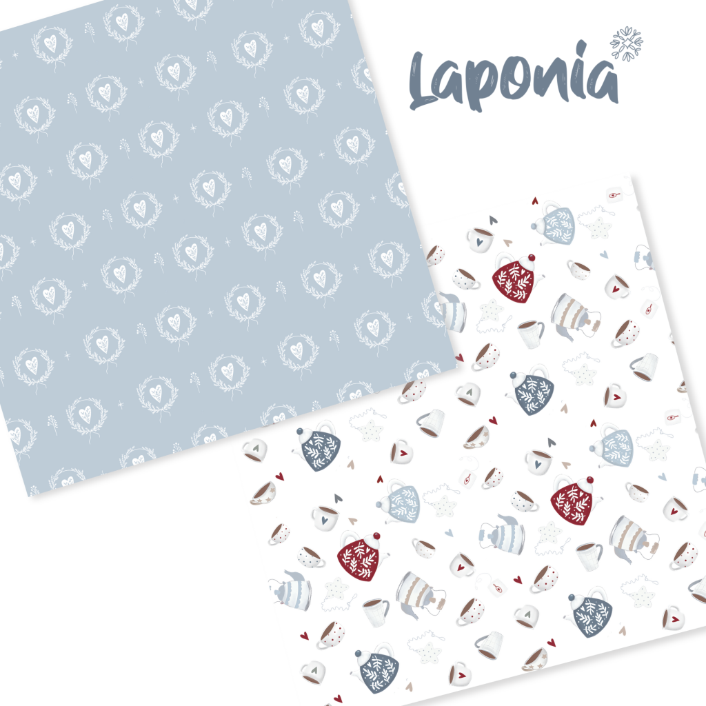 Dois padrões de papel ou tecido com design de inverno e texto Laponia