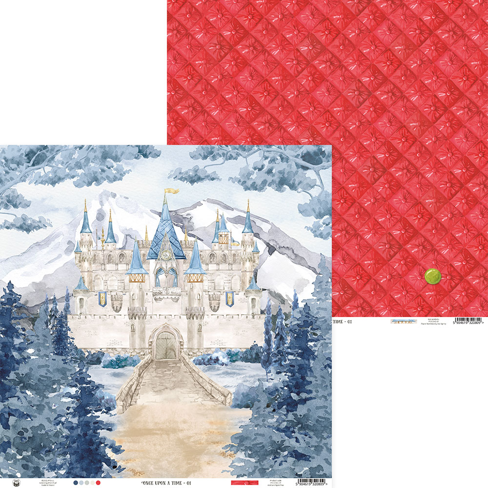Papel decorativo com castelo em azul e padrão vermelho geométrico