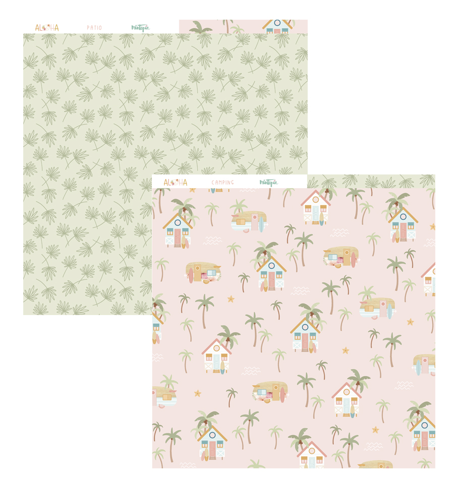 Papel de scrapbook com padrões de casas, caravanas e palmeiras em rosa e padrão de folhas verdes em bege