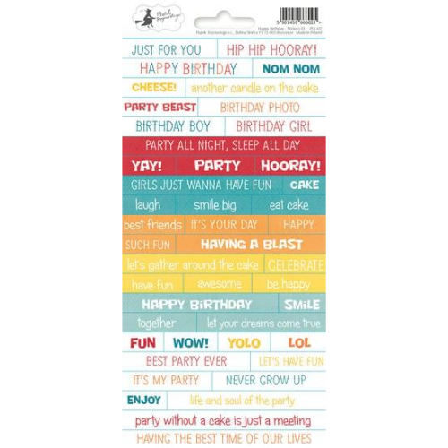 Etiqueta autocolante colorida com frases de festa de aniversário em inglês