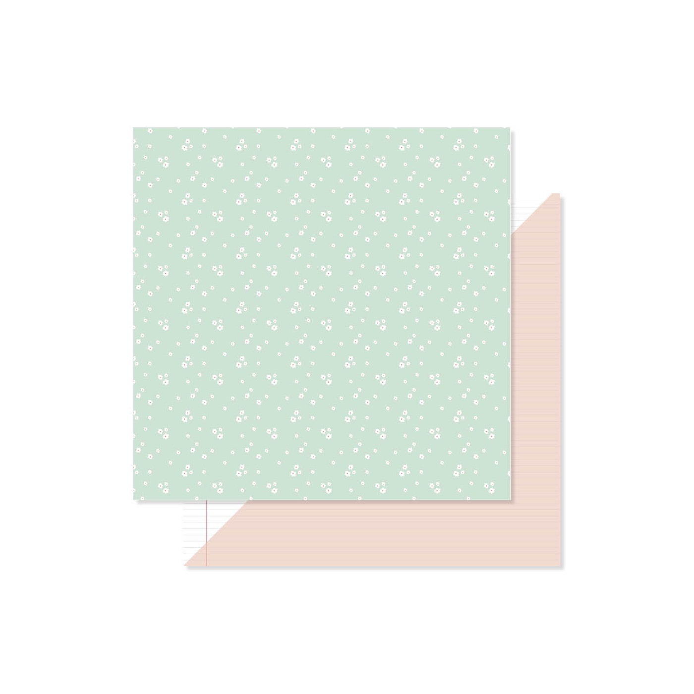 Papel decorativo com padrão floral verde e papel listrado rosa claro