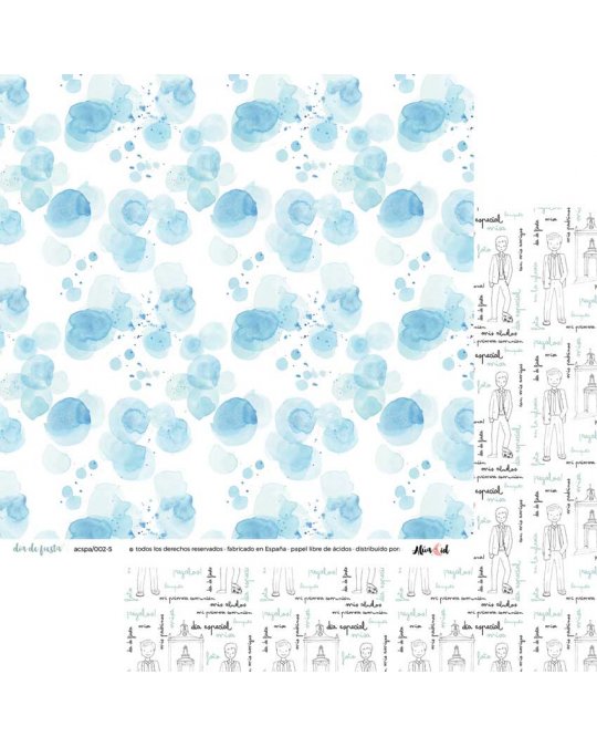 Papel de parede azul e branco com manchas de aquarela e outra folha com desenhos de figuras humanas esboçadas em preto