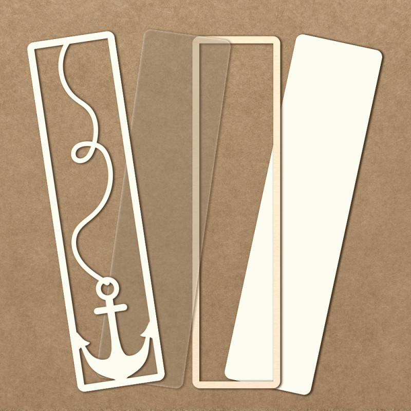 Três marcadores de livros transparentes e branco, um com âncora e linha sinuosa, sobre fundo castanho.