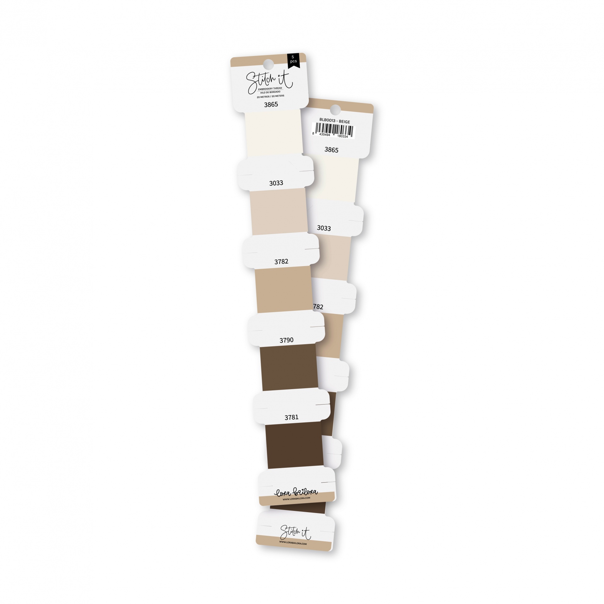 Amostras de cores castanhas em cartão com etiquetas e códigos