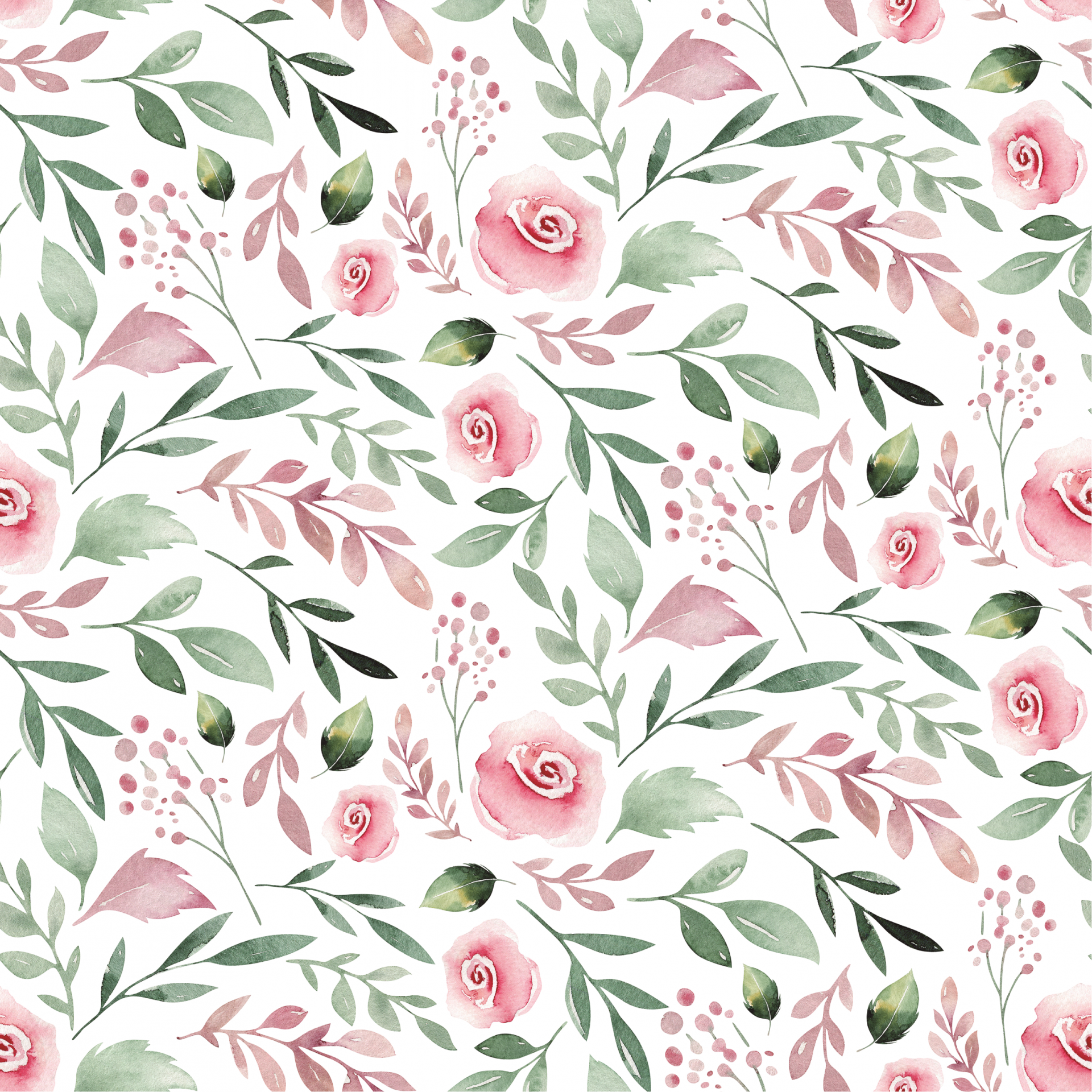 Padrão floral aquarela com rosas e folhas verdes