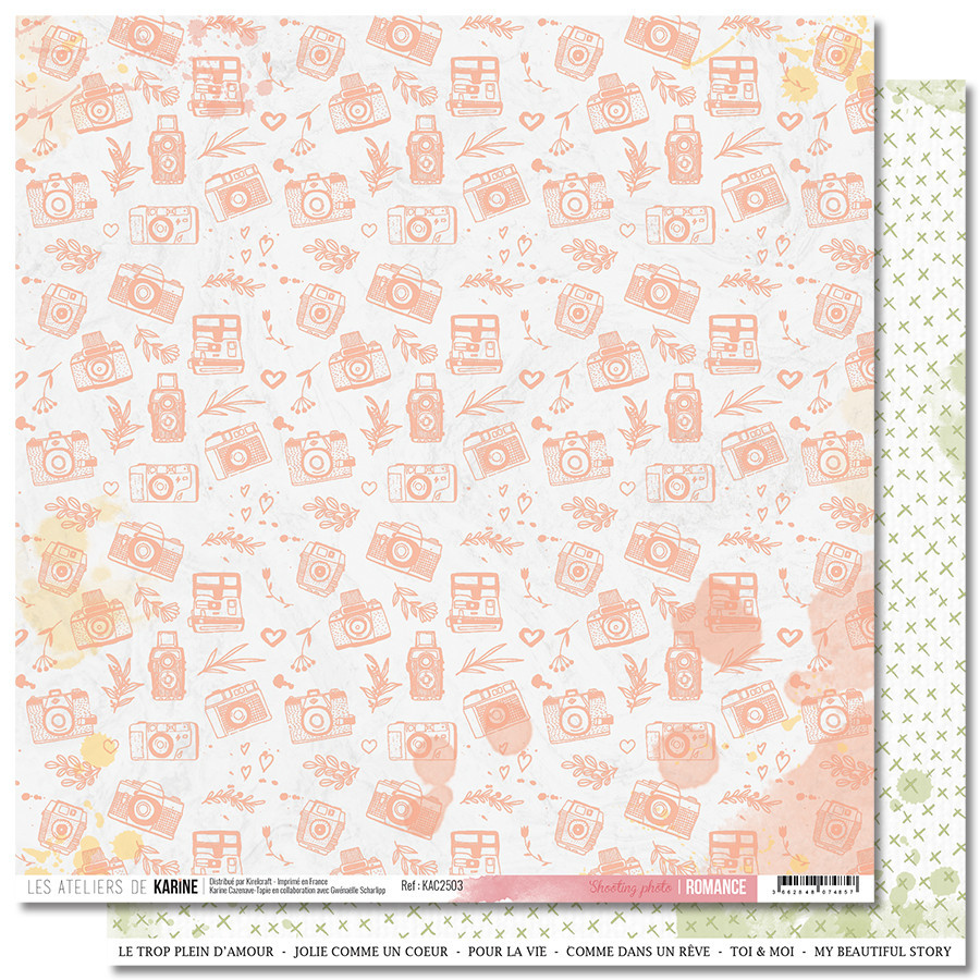 Papel para scrapbook com padrão de câmaras fotográficas vintage e verso com padrão de pequenos X verdes