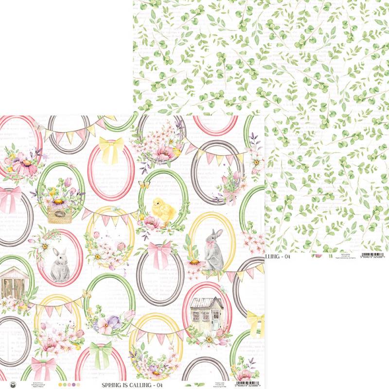 Papel decorativo com padrões de Primavera e coelhinhos coloridos