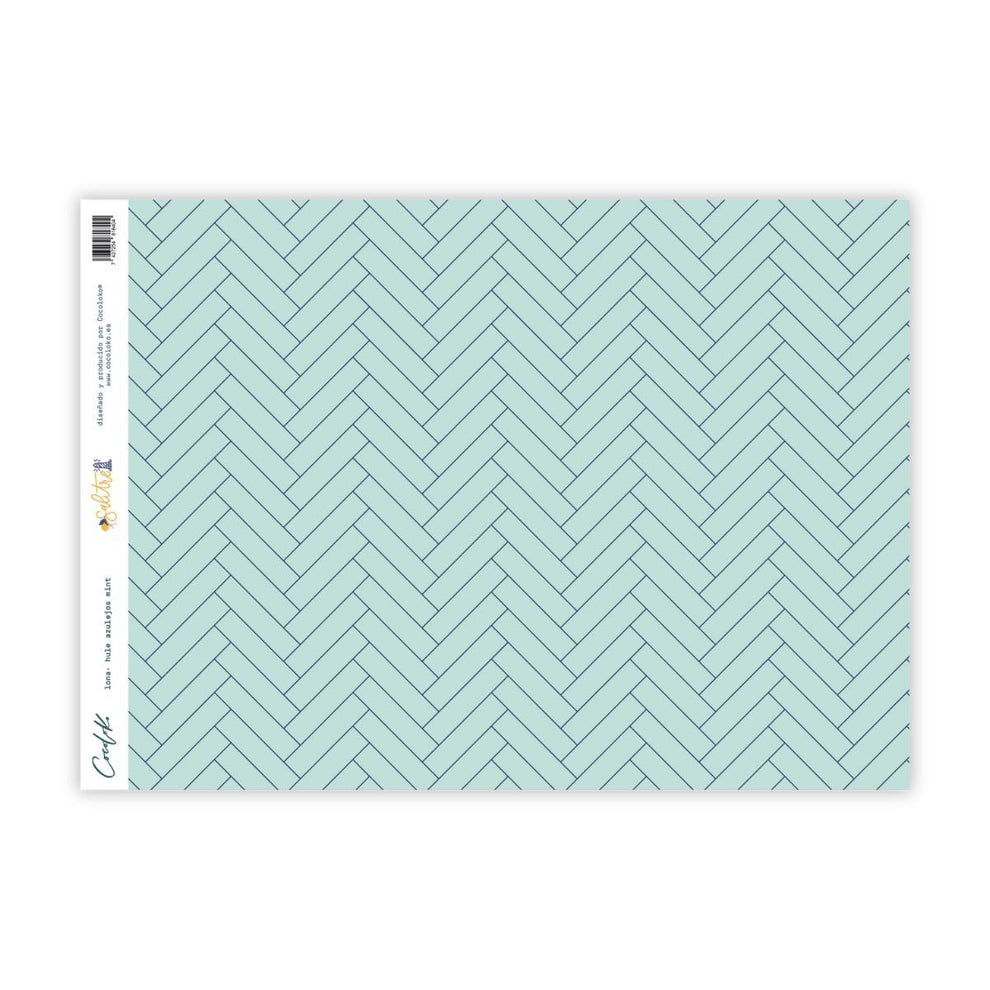 Folha decorativa azul claro com padrão de espinha de peixe e borda branca com texto e código de barras