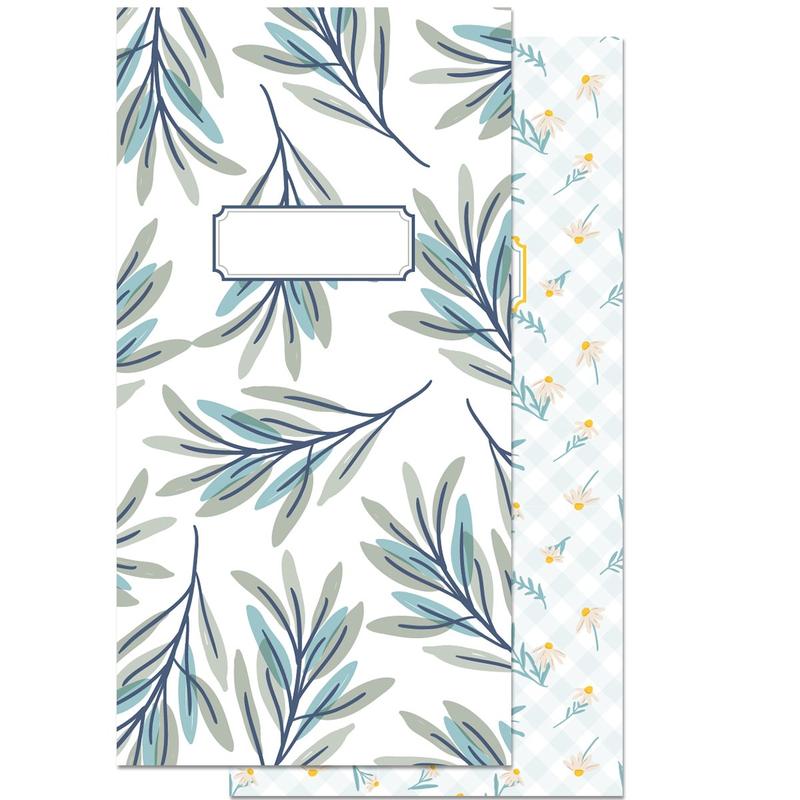 Dois cadernos com capas decoradas, um com ramos e folhas, outro com pequenas flores.