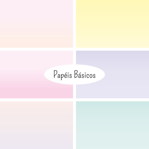 Seis quadrantes de cores pastel com texto central 'Papéis Básicos'