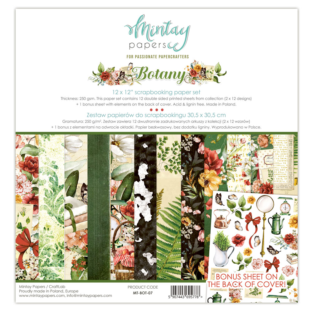 Conjunto de papéis para scrapbooking Botany da Mintay Papers com desenhos florais e natureza, embalagem com texto e imagens dos papéis.