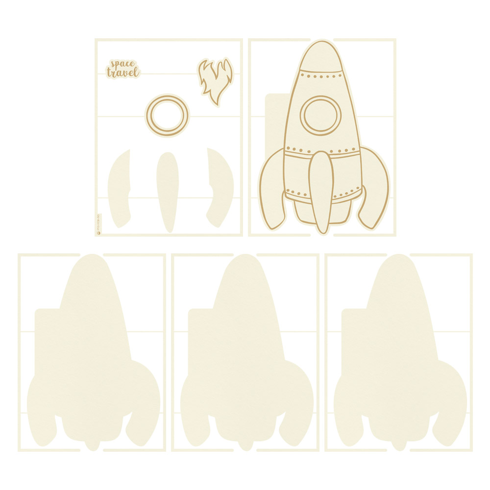 Peças de papel bege para montagem de foguete com texto 'space travel'
