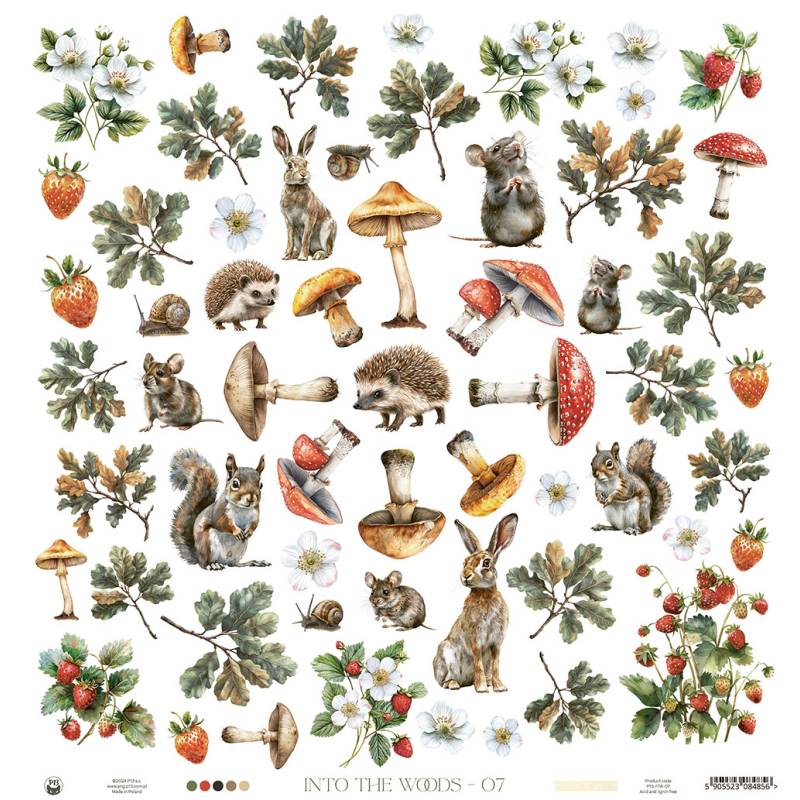 Ilustração aguarela de elementos da floresta: cogumelos, morangos, folhas, animais e flores