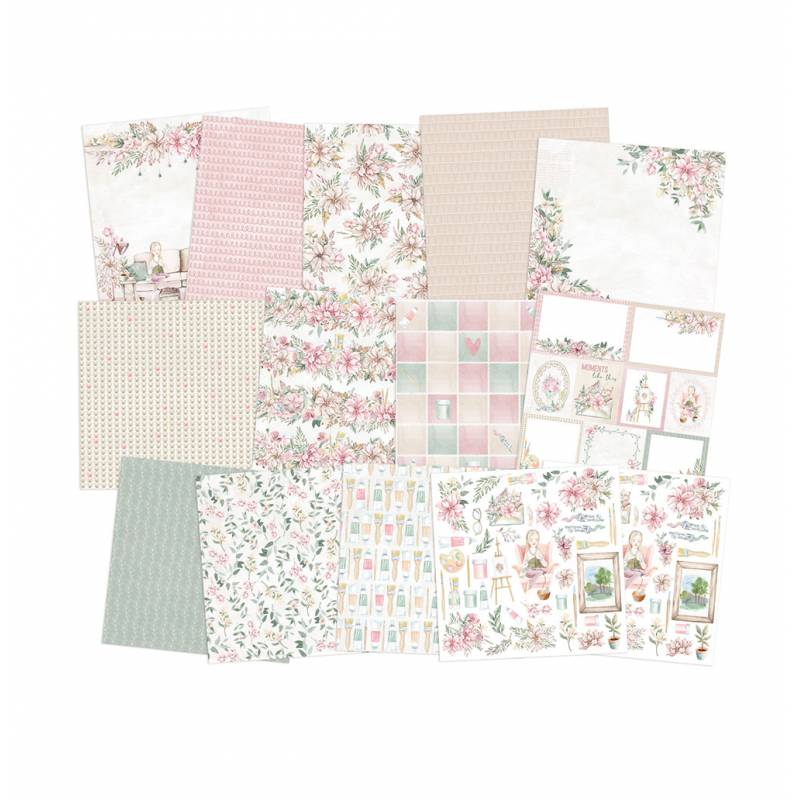 Papel decorativo para scrapbooking com padrões florais e geométricos em tons pastel