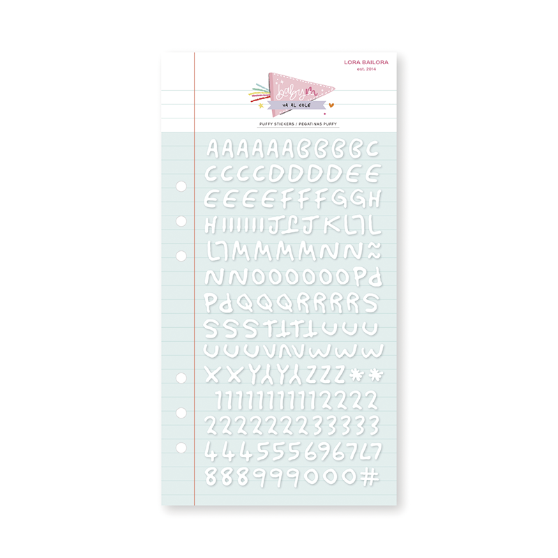 Conjunto de autocolantes com letras e números brancos em papel pautado